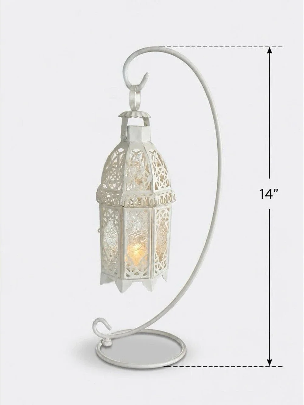 Sigma White Fancy Candle Lantern w Stand Tea Light Holder Moroccan Metal Glass
